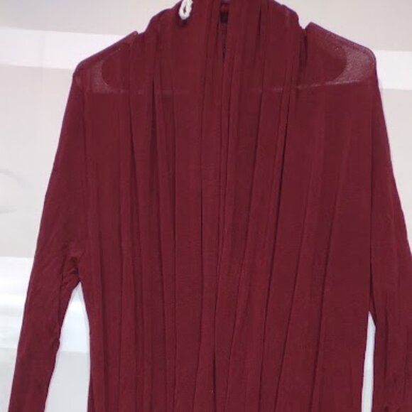 JOAN VASS CRANBERRY SHEER COWLED OPEN FRONT OVERSIZED VERY LONG SWEATER SIZE S - Picture 1 of 8